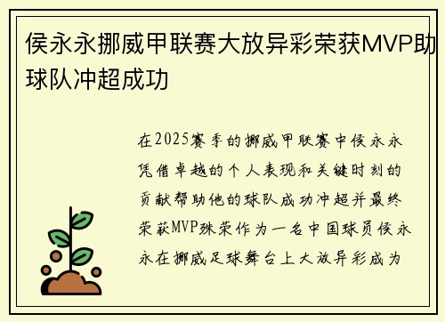 侯永永挪威甲联赛大放异彩荣获MVP助球队冲超成功