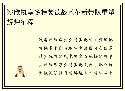 沙欣执掌多特蒙德战术革新带队重塑辉煌征程