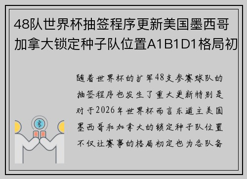 48队世界杯抽签程序更新美国墨西哥加拿大锁定种子队位置A1B1D1格局初定 48队世界杯抽签程序更新美国墨西哥加拿大锁定种子队位置A1B1D1格局初定